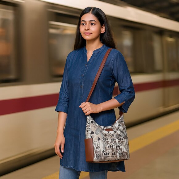 Abstract Print Tapestry Hobo Crossbody Bag for Women, Leather Shoulder Sling Bag - Picture 2 of 8